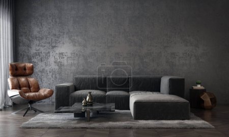 Téléchargez les photos : Modern cozy living room and concrete texture wall background interior design. 3D rendering - en image libre de droit