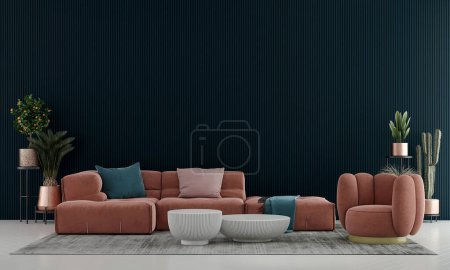 Photo for Modern living room and blue texture wall background interior design. 3D rendering - Royalty Free Image