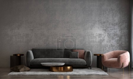 Photo for Modern living room and canvas frame on the dark concrete texture wall background interior design. 3D rendering - Royalty Free Image