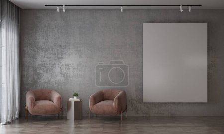 Photo for The living room and canvas frame on the dark texture wall background interior design. 3D rendering - Royalty Free Image