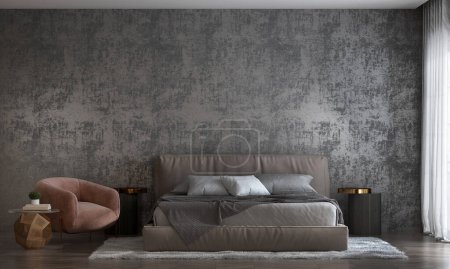 Foto de Modern cozy bedroom and empty dark texture wall background interior design. 3D rendering - Imagen libre de derechos