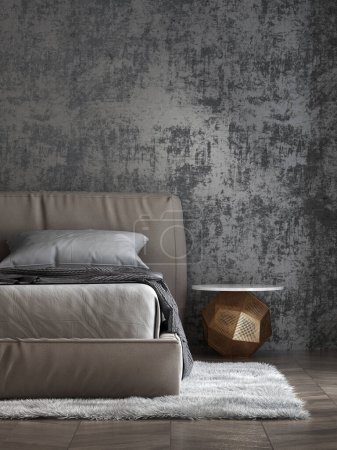 Téléchargez les photos : Chambre à coucher minimale et design intérieur de fond de mur de texture sombre vide. rendu 3D - en image libre de droit