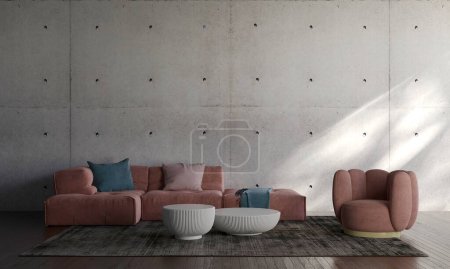 Foto de Moderno loft sala de estar y pared de hormigón textura fondo diseño interior. Renderizado 3D - Imagen libre de derechos