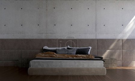 Foto de Dormitorio moderno y pared de hormigón textura de fondo de diseño interior. Renderizado 3D - Imagen libre de derechos