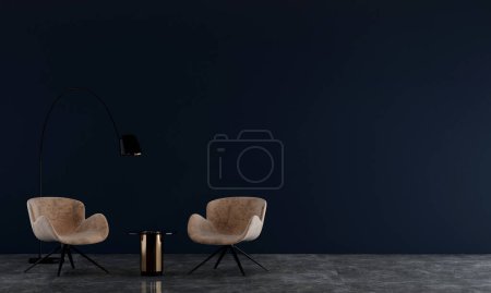 Foto de Sala de estar mínima y diseño interior de fondo de textura de pared azul. Renderizado 3D - Imagen libre de derechos