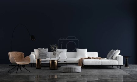 Foto de Moderna sala de estar acogedora y blaue pared textura fondo diseño interior. Renderizado 3D - Imagen libre de derechos