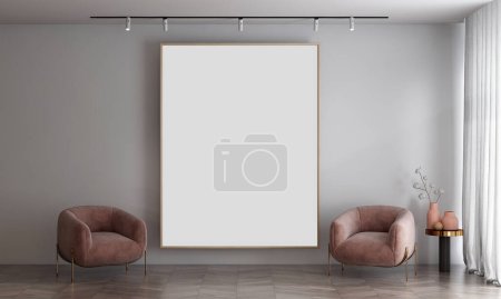 Photo for Modern living room and empty canvas frame in the concrete wall texture background interior design - Royalty Free Image