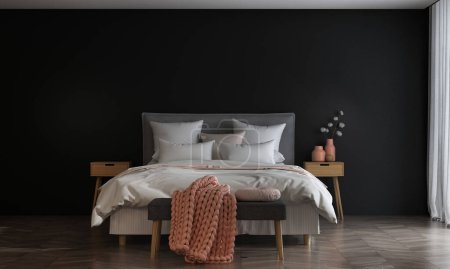 Foto de Acogedor dormitorio moderno y pared negra textura fondo diseño interior - Imagen libre de derechos