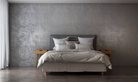 Moderno dormitorio acogedor y pared de hormigón textura fondo diseño interior