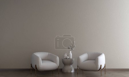 Téléchargez les photos : Les fauteuils modernes, mur en béton brun vide, parquet salon pour fond de design d'intérieur de luxe, rendu 3D - en image libre de droit