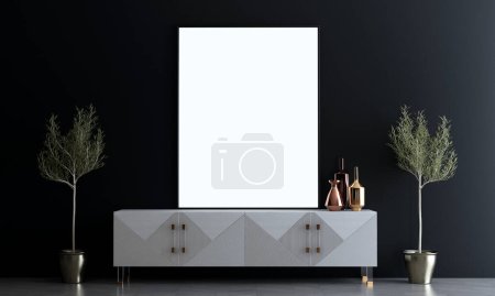 Photo for Modern luxury lounge and living room interior design and black wall texture background and white console - Royalty Free Image