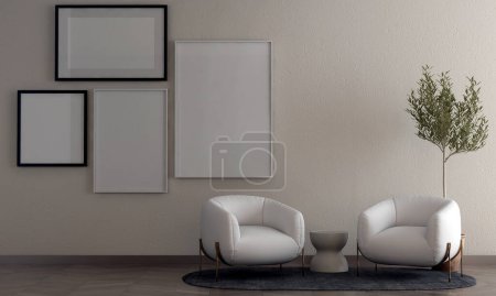Photo for Minimal living room interior design and wall texture background and blank poster frame - Royalty Free Image