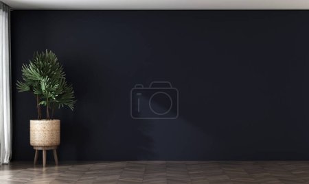 Foto de La decoración del florero de las plantas en la pared azul en el interior de la sala de estar, diseño moderno, se burlan del interior decorativo de los muebles, representación 3d - Imagen libre de derechos