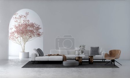 Téléchargez les photos : Canapé blanc moderne et salon minimal et fond de texture murale design intérieur, rendu 3D. - en image libre de droit