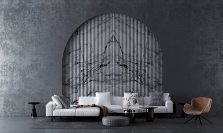 Foto de Sofá blanco moderno y sala de estar minimalista y pared de mármol blanco textura fondo diseño interior, representación 3D. - Imagen libre de derechos