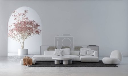 Foto de Sofá blanco moderno y sala de estar mínima y pared de hormigón textura de fondo de diseño interior, representación 3D. - Imagen libre de derechos
