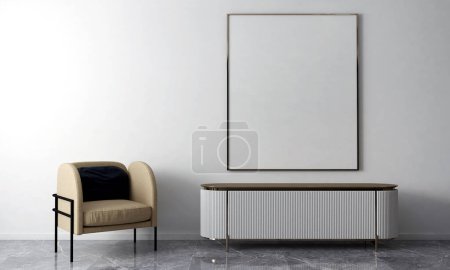 Photo for Modern living room and white wall texture background interior design, mock up room, furniture decor, empty canvas frame, 3d rendering. - Royalty Free Image