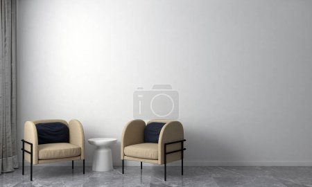Téléchargez les photos : Salon minimal et fond de texture de mur blanc design intérieur, maquette de chambre, décor de meubles, rendu 3D. - en image libre de droit
