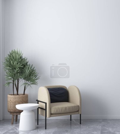 Foto de Moderno salón minimalista y pared blanca textura fondo diseño interior, simulacro de habitación, decoración de muebles, 3d renderizado. - Imagen libre de derechos
