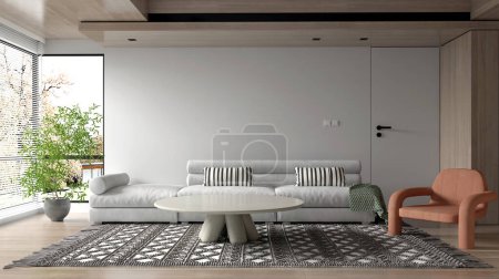 Téléchargez les photos : Salon moderne et fond de texture de mur blanc, design intérieur, maquette de chambre, décor de meubles blancs, rendu 3D. - en image libre de droit