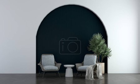Photo for Modern living room and arc pattern wall texture background, indoor interior design, mock up room, white furniture decor, 3d rendering. - Royalty Free Image
