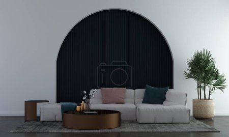 Téléchargez les photos : Salon confortable moderne et fond de texture de mur d'arc bleu, design d'intérieur, salle de maquette, décor de meubles blancs, rendu 3D. - en image libre de droit