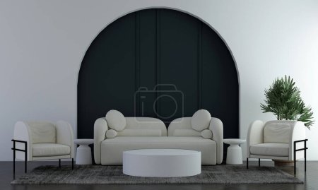 Foto de Moderna sala de estar acogedora y fondo de textura de pared de arco, diseño interior, sala de simulacro, decoración de muebles blancos, representación 3d. - Imagen libre de derechos