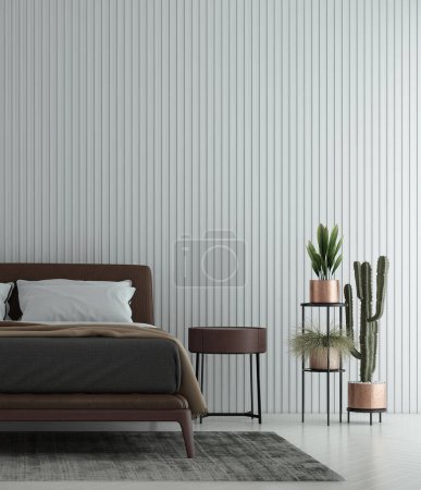 Foto de Dormitorio y patrón blanco pared textura fondo diseño interior, sala de simulacro, decoración de muebles, 3d renderizado. - Imagen libre de derechos