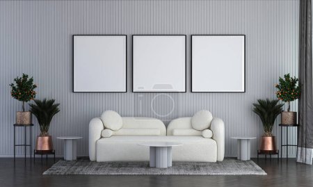 Foto de Sala de estar y fondo de textura de pared blanca, diseño interior moderno, sala de simulacro, decoración de muebles, representación 3d. - Imagen libre de derechos