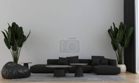Foto de Sofá negro y almohadas grises contra fondo blanco vacío. Diseño interior de la casa de estilo minimalista de la sala de estar moderna. renderizado 3d. - Imagen libre de derechos
