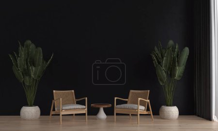 Foto de Sillas de madera contra fondo de pared negro vacío. Diseño interior de la casa de estilo minimalista de la sala de estar moderna. renderizado 3d. - Imagen libre de derechos
