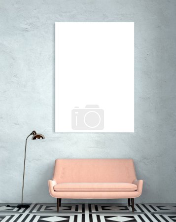 Foto de Sofá rosa en la sala de estar con pared de hormigón y cartel de marco grande en él. Diseño interior de estilo escandinavo de sala de estar moderna. - Imagen libre de derechos