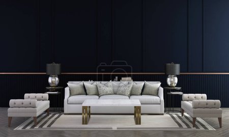 Foto de Interior moderno de la sala de estar con decoración de sofá blanco sobre fondo de pared vacío de color oscuro. 3d renderizar. - Imagen libre de derechos