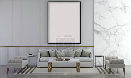 Foto de Sofá blanco y mesa de centro de mármol contra la pared blanca con cartel de arte. Casa escandinava diseño interior de la sala de estar moderna. - Imagen libre de derechos