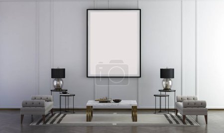 Téléchargez les photos : Lit de jour blanc et table basse en marbre contre mur blanc avec affiche d'art. Maison scandinave design intérieur du salon moderne. - en image libre de droit
