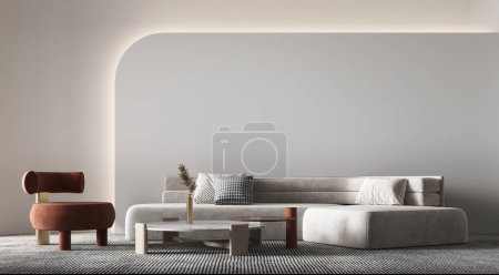 Foto de Sofá blanco y silla roja y mesa de centro moderna contra fondo de pared de patrón blanco. Escandinava casa boho diseño interior de la sala de estar moderna. - Imagen libre de derechos
