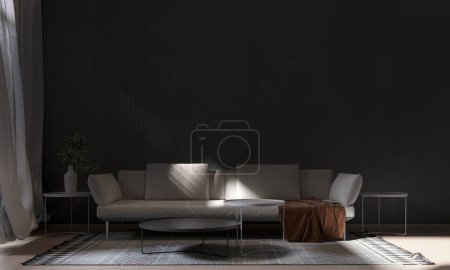 Téléchargez les photos : Canapé blanc et oreillers blancs sur fond de mur noir vide. Style minimaliste design intérieur de la maison du salon moderne. Rendu 3d. - en image libre de droit