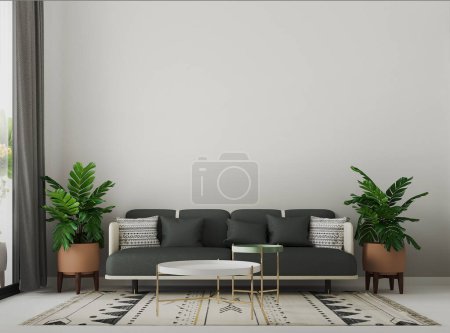 Photo for Grey sofa and grey pillows against empty white wall background. Minimalist style home interior design of modern living room. 3d rendering. - Royalty Free Image