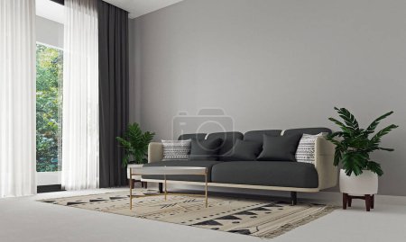 Photo for Grey sofa and grey pillows against empty grey wall background. Minimalist style home interior design of modern living room. 3d rendering. - Royalty Free Image