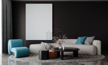 Photo for Modern cozy interior of living room with grey sofa and cyan chairs on empty white concrete wall background. 3d rendering. - Royalty Free Image