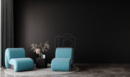 Foto de Moderno interior de lujo de la sala de estar con sillones acogedores y fondo de pared de madera negro vacío. renderizado 3d. - Imagen libre de derechos