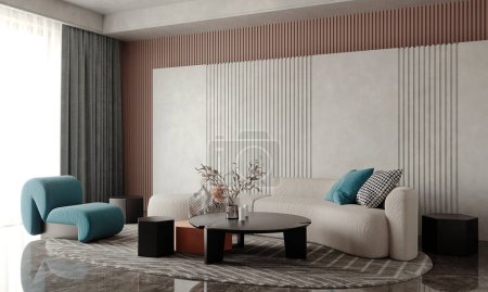 Foto de Moderno interior de lujo de la sala de estar con sofá acogedor y lienzo con póster sobre fondo de pared vacío. renderizado 3d. - Imagen libre de derechos