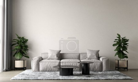 Modern minimal interior of living room with grey sofa on empty white concrete wall background. 3d rendering. 