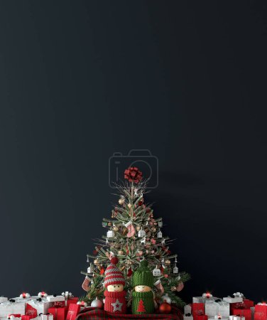 Photo for Big beautiful christmas tree decorated with beautiful shiny baubles and dolls and many different presents on wooden floor. White wall background with a lot of copy space for text - Royalty Free Image