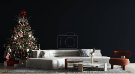 Foto de Gran árbol de Navidad decorado con hermosas bolas brillantes y muchos regalos diferentes en el suelo de madera blanca. Fondo de pared negro vacío. 3d renderizar. - Imagen libre de derechos