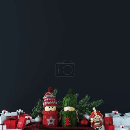 Photo for Big christmas dolls decorated with beautiful shiny baubles and many different presents on white wooden floor. Empty black wall background. 3d render. - Royalty Free Image