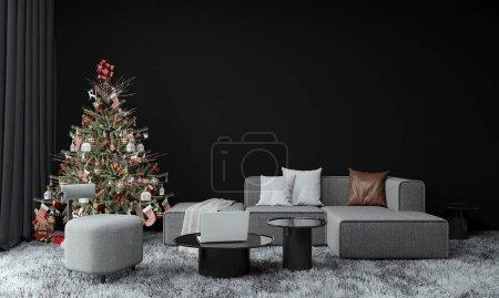 Photo for Christmas tree decorated with beautiful living room and many different presents on wooden floor. Black wall background. 3d render. - Royalty Free Image
