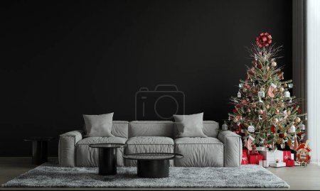 Photo for Big christmas tree decorated with beautiful cozy living room and many different presents on wooden floor. Blue wall background. 3d render. - Royalty Free Image