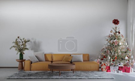 Photo for Big christmas tree decorated with beautiful living room and many different presents on wooden floor. Empty wall background. 3d render. - Royalty Free Image
