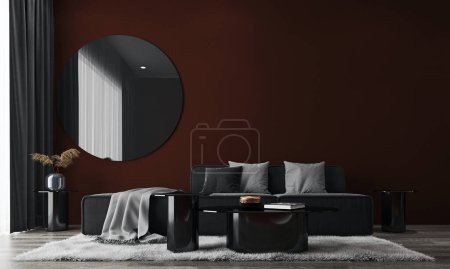 Photo for Modern luxury interior of living room with cozy black sofa set and mirror and empty red wall background. 3d rendering. - Royalty Free Image